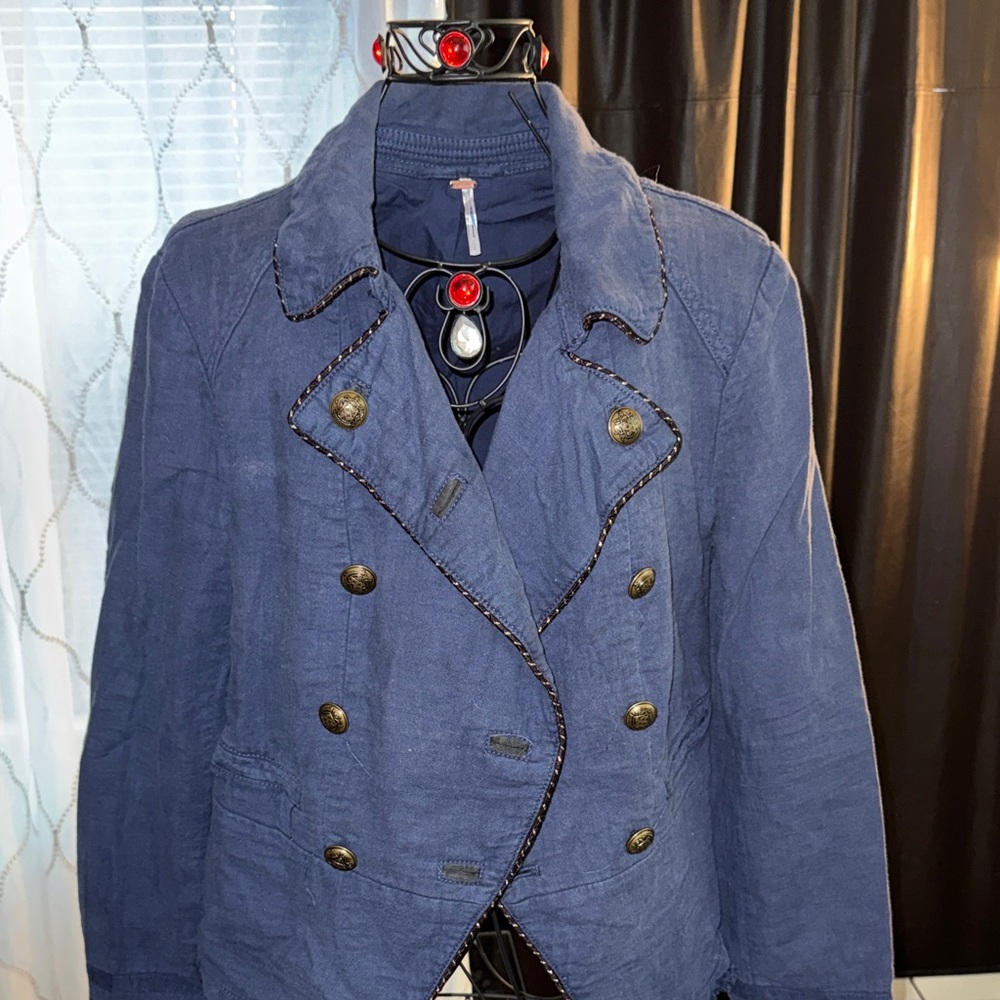FP Movement by Free People Navy Double-Breasted Linen Blazer